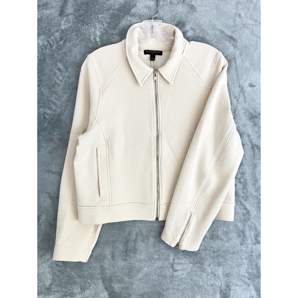 Banana Republic Cream Knit Short Moto Jacket‎ Large Full Zip Minimalist Neutral